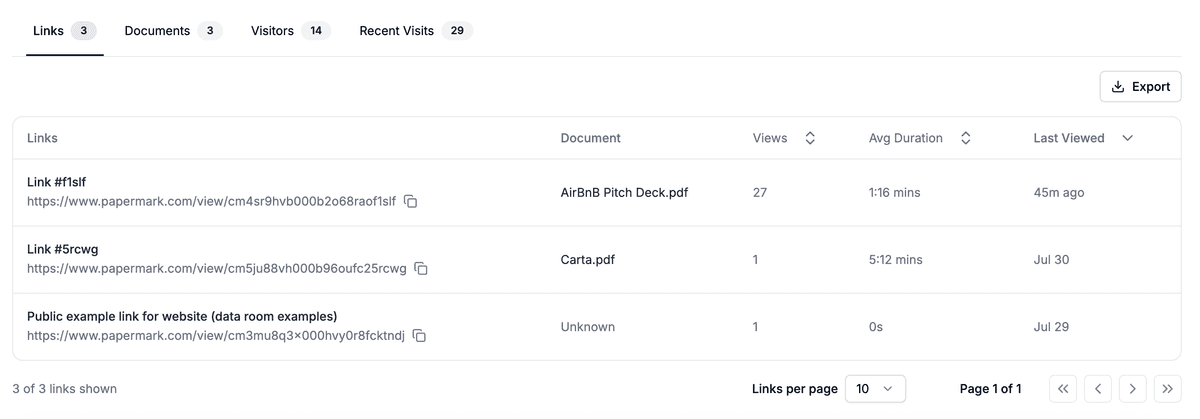 Capture d'écran de l'onglet Liens