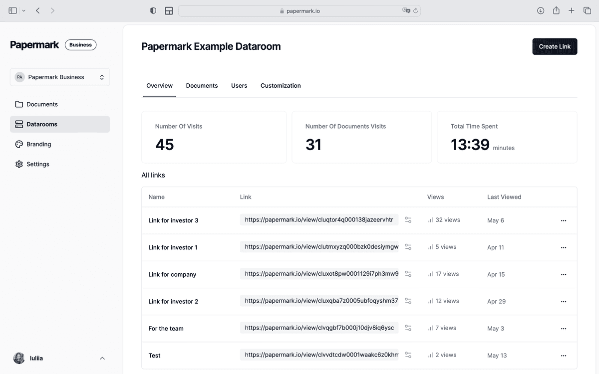 Papermark.io analytics dashboard showing document engagement metrics
