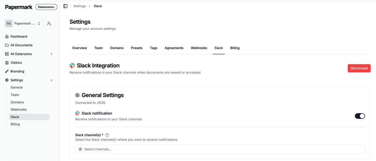 Papermark Slack settings