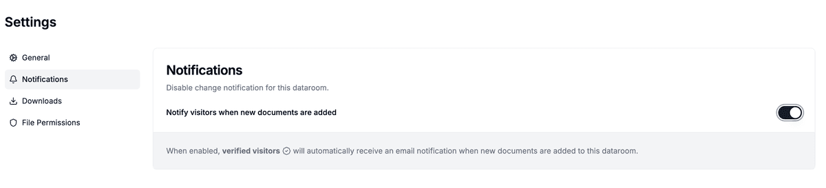Dataroom notification toggle