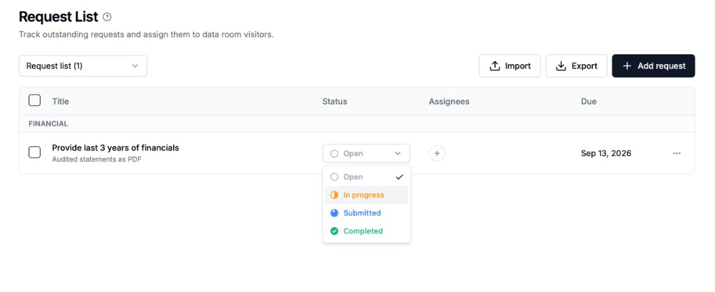 Request list status options: Open, In progress, Submitted and Completed